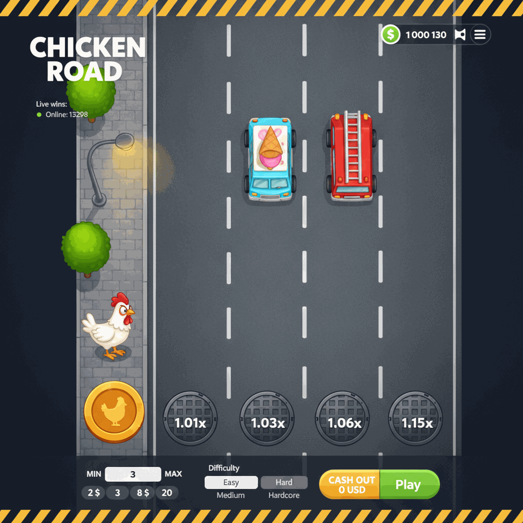 Chicken Road crash game di InOut con gallina bianca che attraversa una strada urbana a più corsie vista dall'alto, con moltiplicatori crescenti su ogni corsia, lampioni verdi sui marciapiedi e asfalto grigio con linee tratteggiate bianche